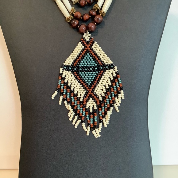 Beaded fringed pendant, tiger eye and hairpipe handmade necklace - Picture 2 of 4